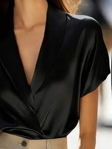 Balvessa 女士优雅绿色领短袖衬衫 - 黑色 - 查看 3