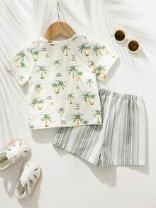 Cozy Pixies 两件套男婴植物花卉图案装饰口袋圆领短袖上衣和松紧腰裤套装 - 彩色 - 查看 6