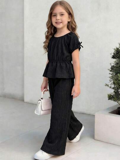 SHEIN 2件套少女纯色圆领休闲T恤和裤子套装