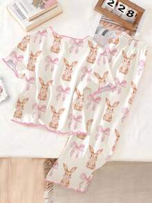 Tween Girls 1 Set Pajamas, Apricot Round Neck Short Sleeve T-Shirt With Cute Rabbit & Bow Print, Matched With All-Over Rabbit & Bow Print Pants, Casual Loungewear Set - Apricot - View 2