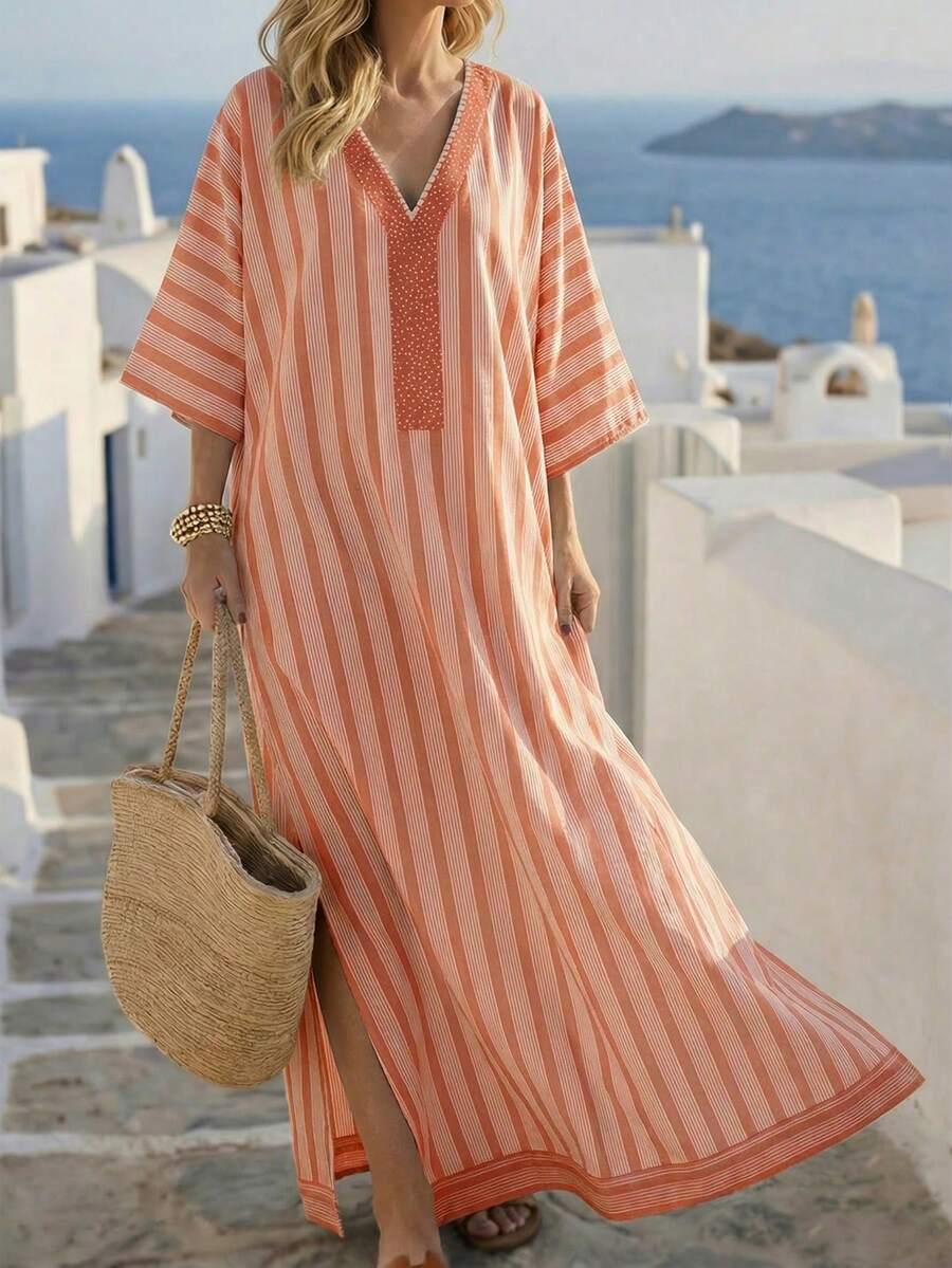 EMERY ROSE Fashionable Loose Casual Printed V-Neck Striped Blended Fabric Vacation Travel Robe For Women - Multicolor - View 1