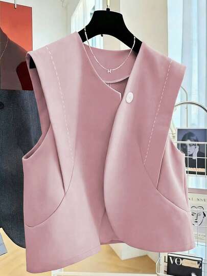 GlowEve Sleeveless Round Neck Single-Breasted Topstitching Decor Short Women Suit Vest