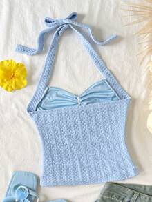 SHEIN 少女春夏纯色蓝色吊带V领花朵金属扣修身背心，纹理面料，适合假日、度假、海滩穿着 - 藍色 - 查看 2