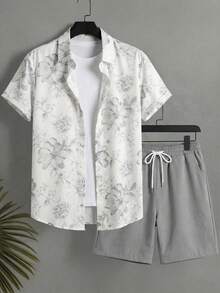 Manfinity Swimmode Men's Simple Print Short Sleeve Shirt And Shorts Set Men 2 Piece Set Vacation Men Beach Wear Set - Multicolor - View 2