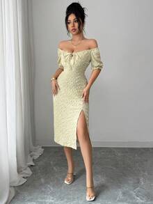 Elenzga New Elegant French Style Vacation Fashion Dress, Ball Jacquard Design, Backless Square Neck, Drawstring Waist, Slit, Puff Sleeve Mid-Length Dress, Versatile For Daily Wear And Dates - Light Yellow - View 9