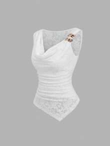 Sweetra Minimalist Italian Street Style Lace Trim Ruched Metallic Decor Camisole Top For Women, Suitable For All Seasons - Apricot - View 1