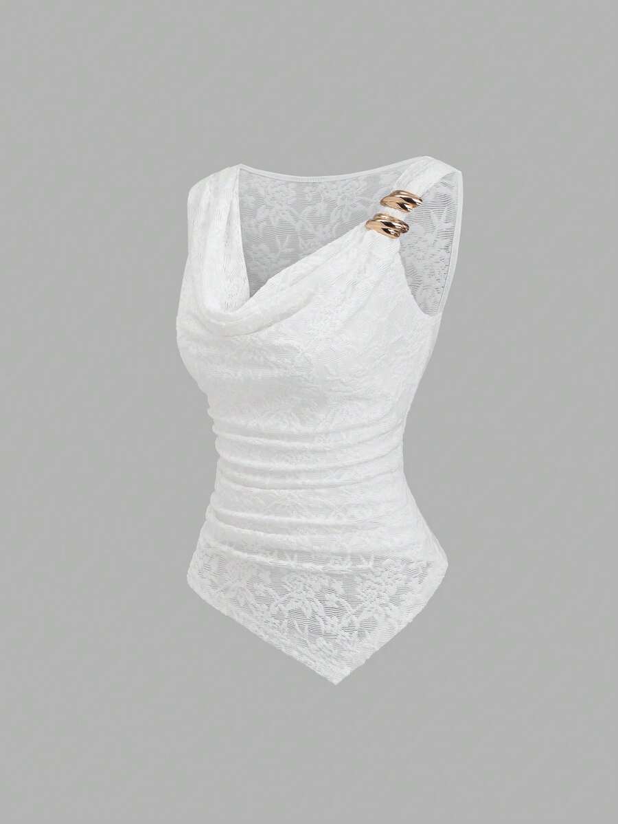 Sweetra Minimalist Italian Street Style Lace Trim Ruched Metallic Decor Camisole Top For Women, Suitable For All Seasons - Apricot - View 1