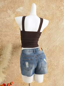 INAWLY Áo tank top màu nâu có khóa kim loại, kiểu dáng thường ngày, thích hợp cho mùa hè. - màu nâu - Xem 2