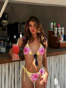 Swim Mod 女士夏季沙滩印花挂脖系带休闲比基尼和三角泳裤套装 - 彩色 - 查看 4