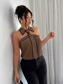 Easura Plus Size Women's Spring/Summer Sleeveless Black & White Contrast Tie Collar Elegant Commuter Shirt - Brown - View 7