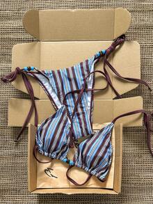 Swim Mod 女士沙滩套装，棕蓝条纹印花，撞色串珠装饰，时尚休闲度假甜美性感优雅，女士泳装套装，挂脖比基尼两件套 - 彩色 - 查看 2