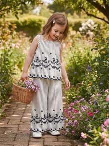 SHEIN Vintaside Kids 女童夏季黑白优雅竖条纹花卉刺绣无袖上衣和阔腿裤套装，适合日常外出、休闲穿着、上学、聚会和拍照。 - 彩色 - 查看 5