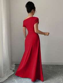 Elenzga Women's Solid Color Ruched Asymmetric Waist Elegant Long Dress For Party - Red - View 2
