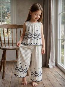 SHEIN Vintaside Kids 女童夏季黑白优雅竖条纹花卉刺绣无袖上衣和阔腿裤套装，适合日常外出、休闲穿着、上学、聚会和拍照。 - 彩色 - 查看 6