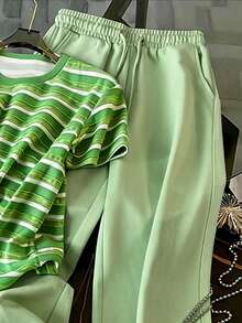Resyla Striped Digital Print Minimalist Round Neck T-Shirt Set, A Gift For Friends - Mint Green - View 3