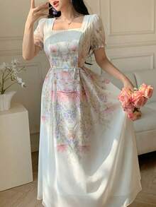 Modelyn 女士方领印花收腰连衣裙，饰有3D立体花卉图案 - 彩色 - 查看 3