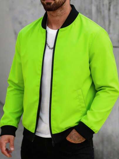 Manfinity Homme Men's Contrast Color Casual Long Sleeve Jacket Neon Green Jacket Men Men Summer Jacket