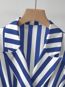 GlowEve Áo blazer không tay kẻ sọc dọc, cổ ve lật, cổ chữ V, thắt lưng khóa kim loại, hai túi giả, eo thắt, vạt xòe dành cho nữ. - Nhiều màu - Xem 3