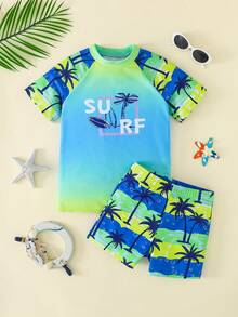 SHEIN Tween Boy Coconut Tree Print Beach Swimsuit Set - Multicolor - View 1