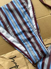 Swim Mod 女士沙滩套装，棕蓝条纹印花，撞色串珠装饰，时尚休闲度假甜美性感优雅，女士泳装套装，挂脖比基尼两件套 - 彩色 - 查看 7