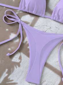 Swim SXY 女款純色掛脖綁帶露背丁字褲比基尼套裝 2 件組 聚攏泳衣 夏季海灘度假用 藍色 - 紫色 - 查看 3