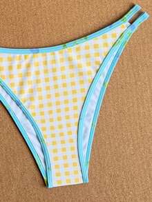 Swim Mod 2026 蓝色碎花可调节肩带露背+黄色格子高衩比基尼泳衣两件套，甜美可爱 - 彩色 - 查看 5