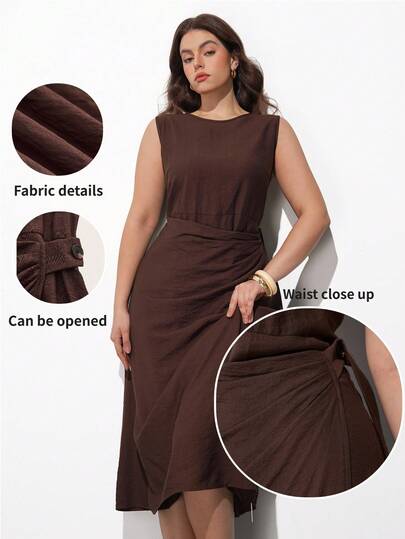 Maija Vestido marrón de verano 2026 de talla grande con diseño de volante en la cintura, falda acampanada delantera, vestido tipo chaleco, estilo minimalista y retro, romántico, de moda, versátil; cómodo, elegante, casual, esencial diaria sencilla, unicolor, casual de vacaciones, apropiado, para mujer soltera, vestido casual elegante para salir, vestido casual de negocios marrón, vestido de graduación, vestido de fiesta