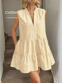 Easowa V领荷叶边层叠荷叶边A字连衣裙，休闲度假优雅无袖短款连衣裙，棉质条纹面料，适合春夏穿着 - 黃色 - 查看 3