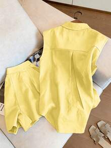 Airaco Women's Summer Casual Sleeveless Top And Shorts 2 Pieces Set - Light Yellow - View 2