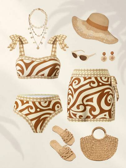 Swim Oasis 女士三件套印花比基尼，肩带可调节，带裙摆，夏季休闲沙滩泳装