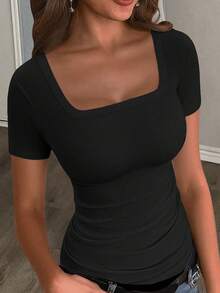 Slaydiva 两件套休闲宽松方领加大码女式T恤，简约设计，适合夏季音乐节和日常穿着，黑白配色 - 黑與白 - 查看 8