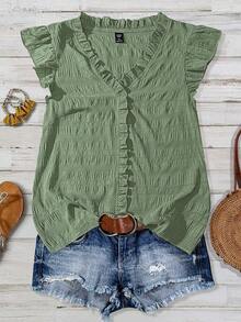 Linhara Plus Size Women's Solid Color Textured V-Neck Ruffle Trim Petal Sleeve Fitted Casual Regular Blouse - Green - View 6