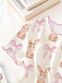 Tween Girls 1 Set Pajamas, Apricot Round Neck Short Sleeve T-Shirt With Cute Rabbit & Bow Print, Matched With All-Over Rabbit & Bow Print Pants, Casual Loungewear Set - Apricot - View 4