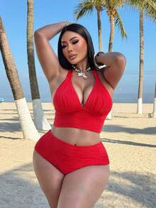 Swim SXY 2026 New Arrival Ruffle Halter Swimsuit, Deep V-Neck Design High Waist Style, Sexy Vacation Vibe Slimming Supportive Swimwear Set - Red - View 4