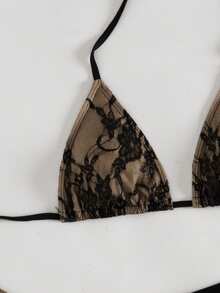 Costavie 3件套性感黑色蕾丝女士比基尼泳衣，挂脖三角休闲沙滩度假泳装，适合泳池派对 - 黑色 - 查看 5