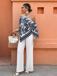 Flora Isola Flora Isola 女士不对称下摆印花衬衫和纯色休闲裤套装，度假装，时尚印花服装 - 藍白色 - 查看 3