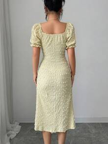 Elenzga New Elegant French Style Vacation Fashion Dress, Ball Jacquard Design, Backless Square Neck, Drawstring Waist, Slit, Puff Sleeve Mid-Length Dress, Versatile For Daily Wear And Dates - Light Yellow - View 7