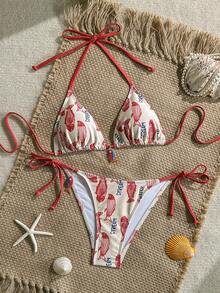 Swim Mod Bộ đồ bơi nữ 2 món, áo tam giác có đệm mút in hình cá và chữ ngẫu nhiên, quần bikini buộc dây bên hông, gợi cảm cho bãi biển, hồ bơi, kỳ nghỉ. - Nhiều màu - Xem 3