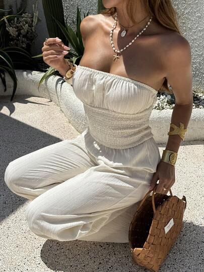 Sunnyshic Women's White Pleated Textured Fabric Strapless Jumpsuit, Cinched Waist Straight Leg, Women Spring/Summer Vacation, Beach, Commute, Elegant, Sweet, Minimalist, Versatile