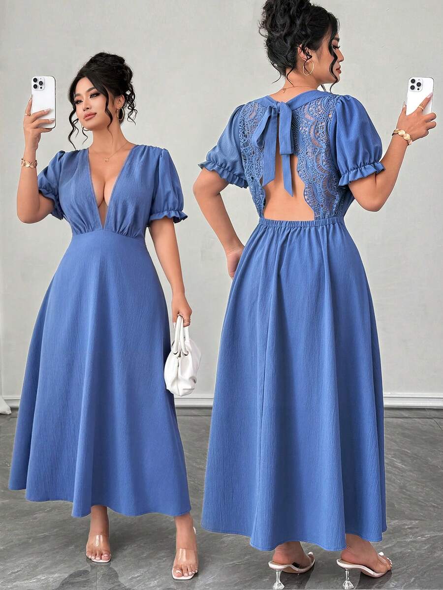 Elenzga Plus Size Women's Elegant Sky Blue V-Neck Tie Back Patchwork Midi Dress,Summer Puff Sleeve A-Line Party Dress For Prom Graduation & Vacation Outfits - Blue - View 1