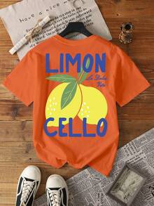 大码女式柠檬字母印花圆领短袖T恤 - 橘色 - 查看 6