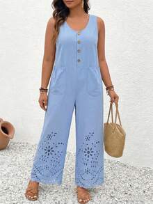 EMERY ROSE Plus Size Women's Summer Casual Vacation Daily Commute Hollow Out Embroidery Sleeveless Wide Leg Jumpsuit (Excluding T-Shirt) - Blue - View 5