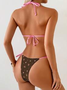 Swim Mod Sweet Ditsy Floral Tie-Front Women Bikini Swimwear Spring Summer Picks Ditsy Floral Swimwear - Brown - View 2