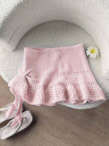 Elamini Women's Red Skirt, Fashion Summer Beach Outfit, Low Waist Hollow Out Ruffled Hem Mini Skirt, Versatile Sweet Vacation Style - Baby Pink - View 3