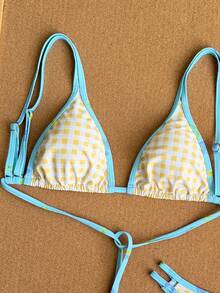 Swim Mod 2026 蓝色碎花可调节肩带露背+黄色格子高衩比基尼泳衣两件套，甜美可爱 - 彩色 - 查看 4