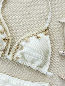 SHEIN Teen Girl Bohemian Wave Shell Trim Spaghetti Strap Bikini Top And Bottom Bikini Set Set, Summer Vacation, Suitable For Teenage Bohemian Style Shell Bikini Set Set, Teenage Swimwear, Shell Swimwear, Conservative Swimwear, Girls 2-Piece Summer Beach Outfit - Apricot - View 8