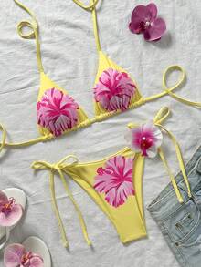 Swim Mod 女士夏季沙滩印花挂脖系带休闲比基尼和三角泳裤套装 - 彩色 - 查看 1