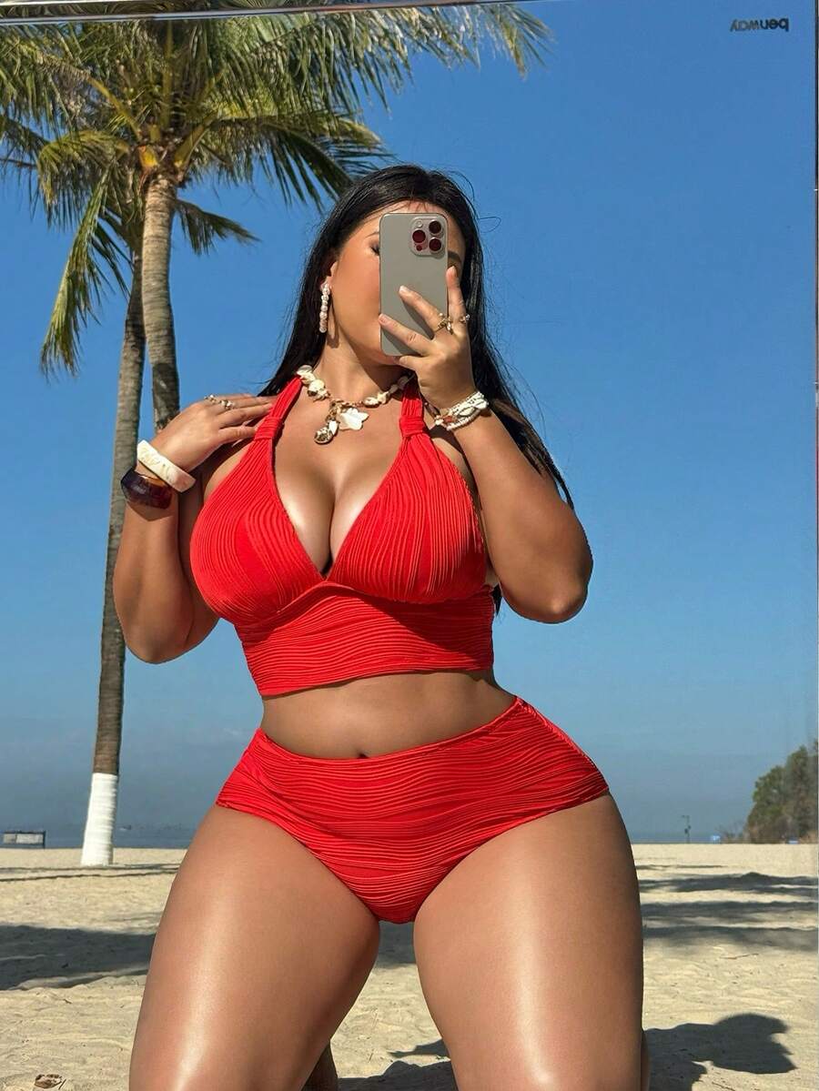 Swim SXY 2026 New Arrival Ruffle Halter Swimsuit, Deep V-Neck Design High Waist Style, Sexy Vacation Vibe Slimming Supportive Swimwear Set - Red - View 1