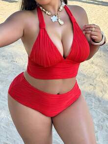 Swim SXY 2026 New Arrival Ruffle Halter Swimsuit, Deep V-Neck Design High Waist Style, Sexy Vacation Vibe Slimming Supportive Swimwear Set - Red - View 5