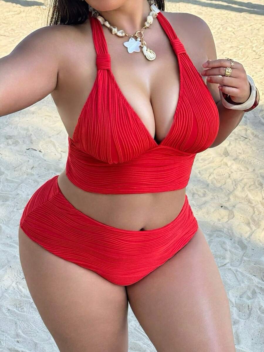 Swim SXY 2026新款荷叶边挂脖泳衣，深V领高腰设计，性感度假风显瘦塑形泳装套装 - 紅色 - 查看 1